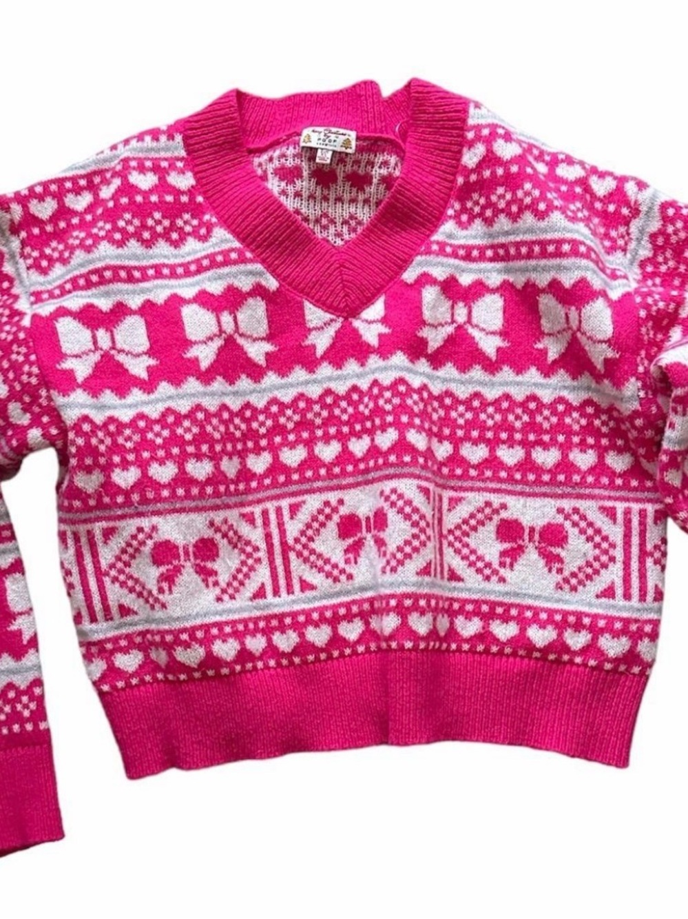 Pink and Cream Patterned V‑Neck Sweater
